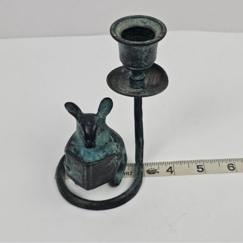 SPI Brass Mouse Reading Book Candlestick Candle Taper Holder 1991 Vintage Green - Picture 6 of 7